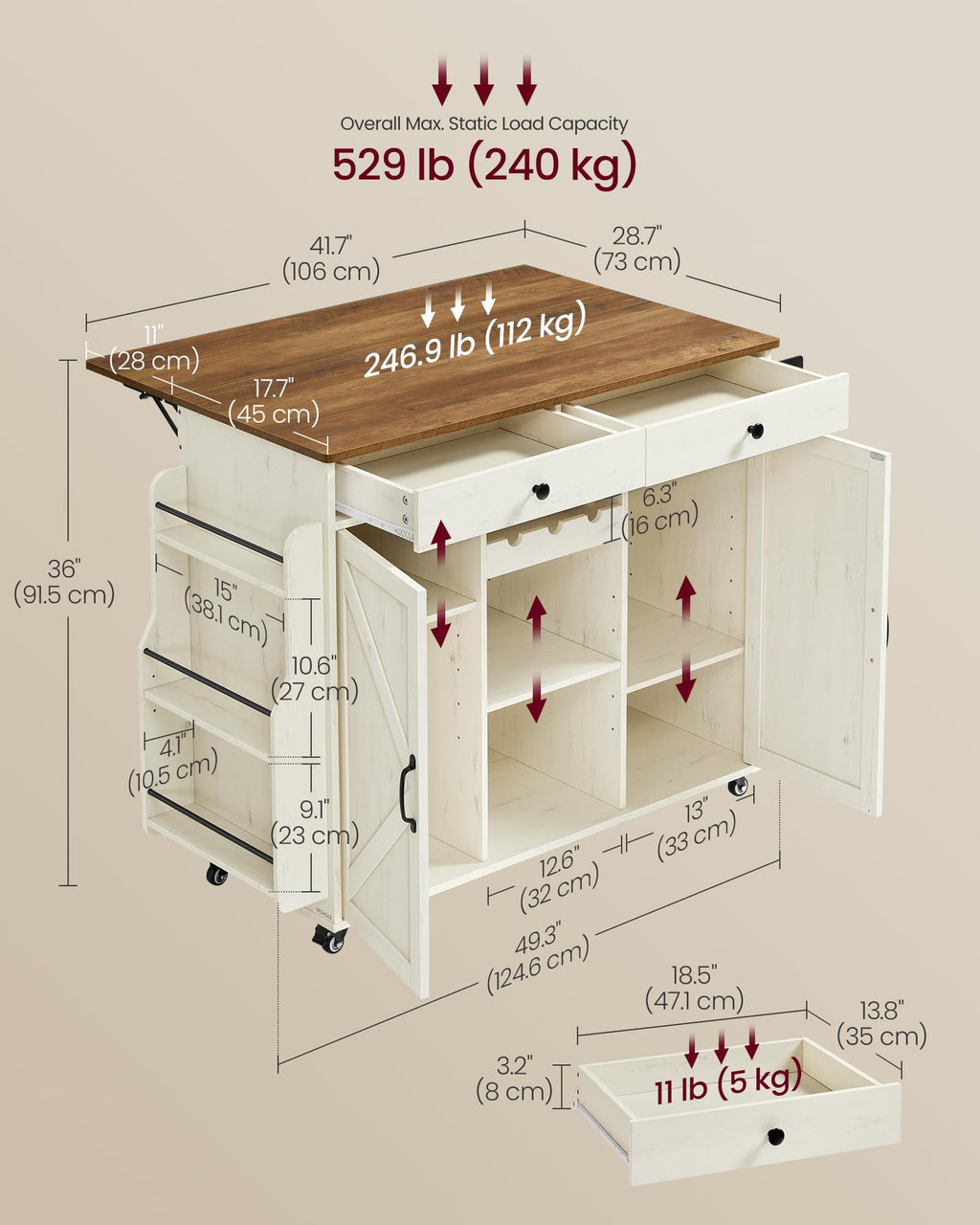 VASAGLE Mobile Kitchen Island with 2 Doors, 2 Drawers