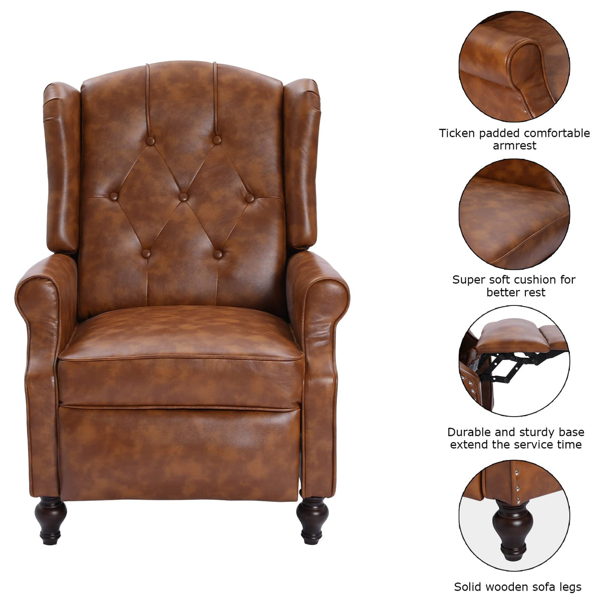 Wingback Recliner Chair - Tufted Arm Chair Recliner - Fabric Push Back Single Sofa for Living Room Adjustable Backrest (Blue Floral)