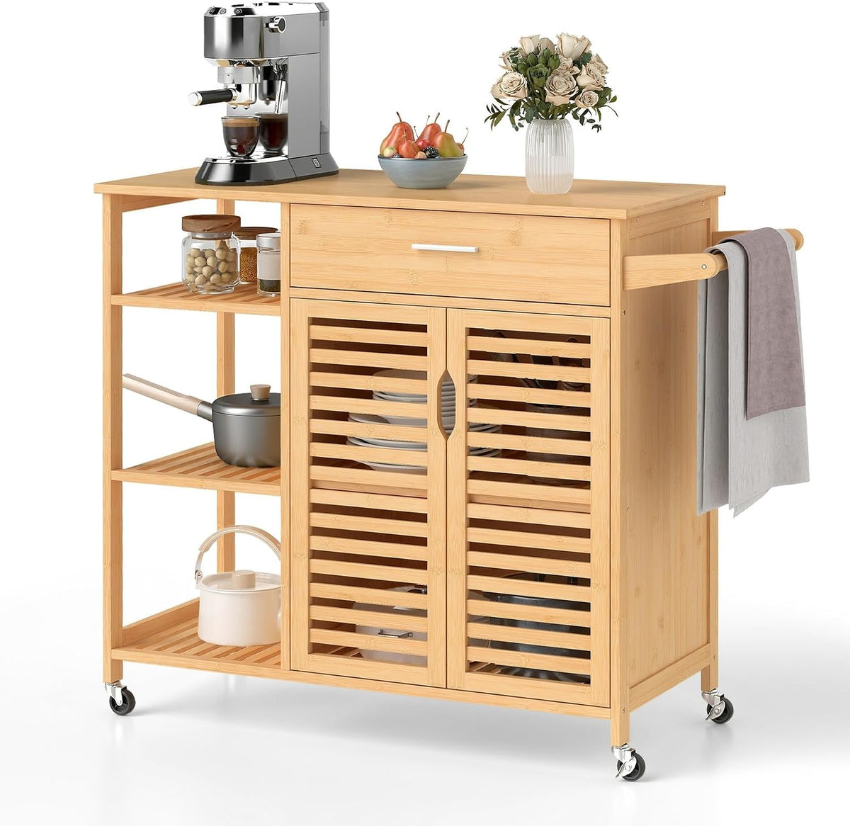 Moccha Rolling Kitchen Island Cart - Bamboo Kitchen Carts on Wheels with storage Cabinet, Large Drawer, 3-tier Open Shelf, Towel Rack, Sideboard, Mobile Kitchen Table for Dining Room Living Room Bar