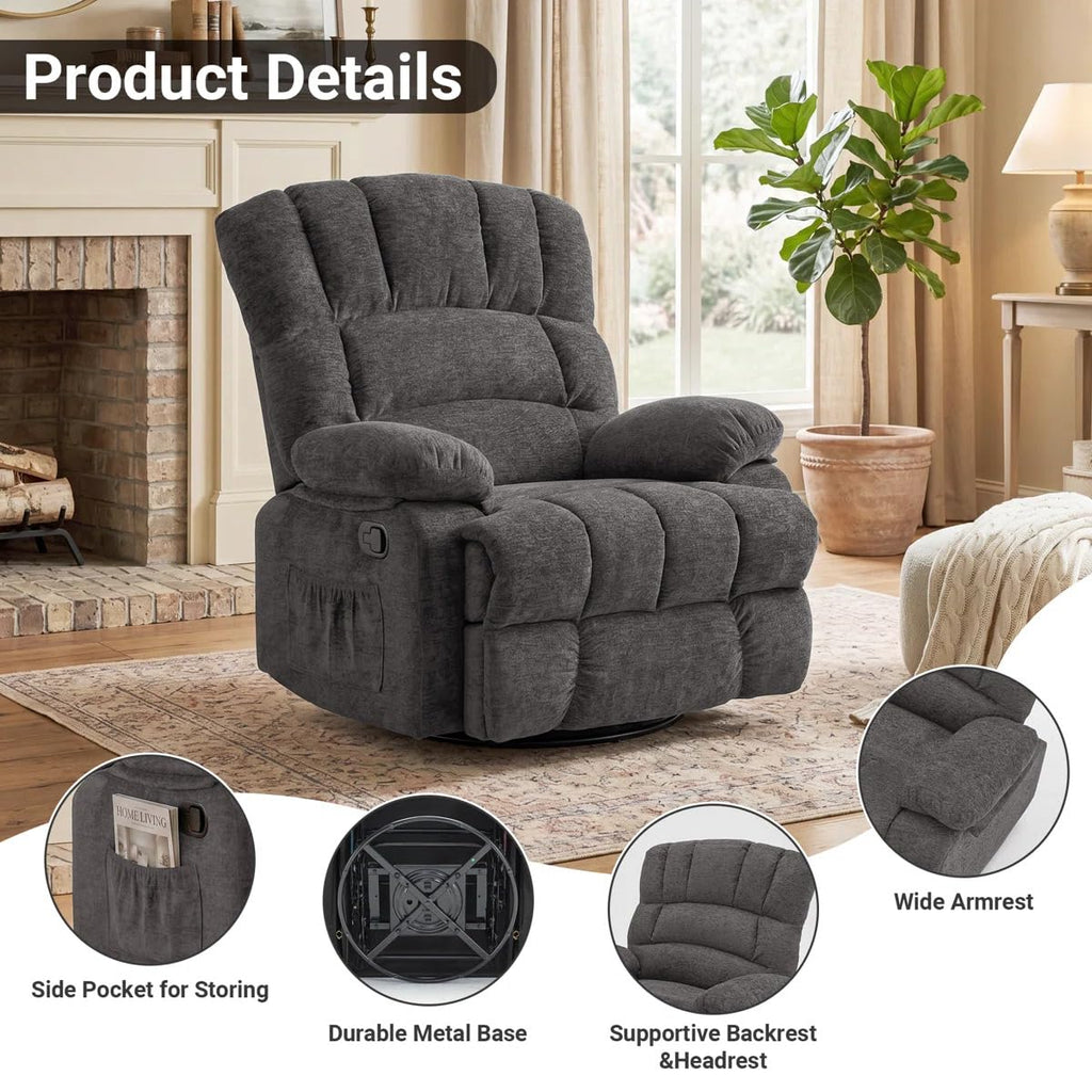 WILLOVE 41" Oversized Rocker Recliner Chair, Rocking Recliners Overstuffed Soft Big Man Manual Recliner, Extra Large Chenille Living Room Chair 350 LBS Capacity, Grey, L
