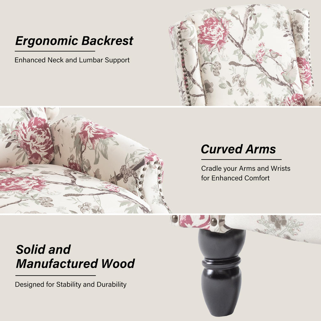 Wingback Floral Pushback Recliner Chair, Plants Beige, Set of 2