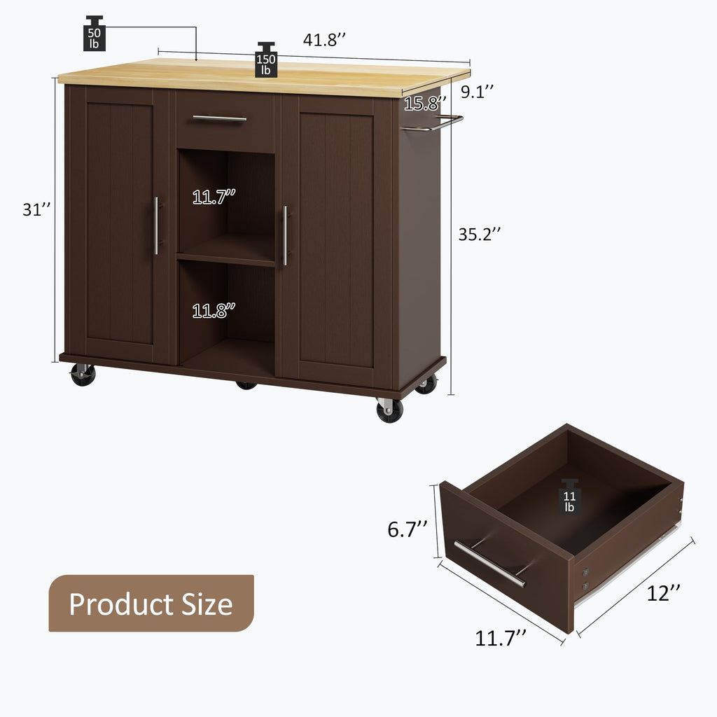 SUNLEI Rolling Kitchen Island Cart with Wheels, Island Table for Kitchen, Farmhouse Kitchen Cart with Drop Leaf & Towel Rack & Drawer, Kitchen Islands Table with Storage Cabinet, Grey