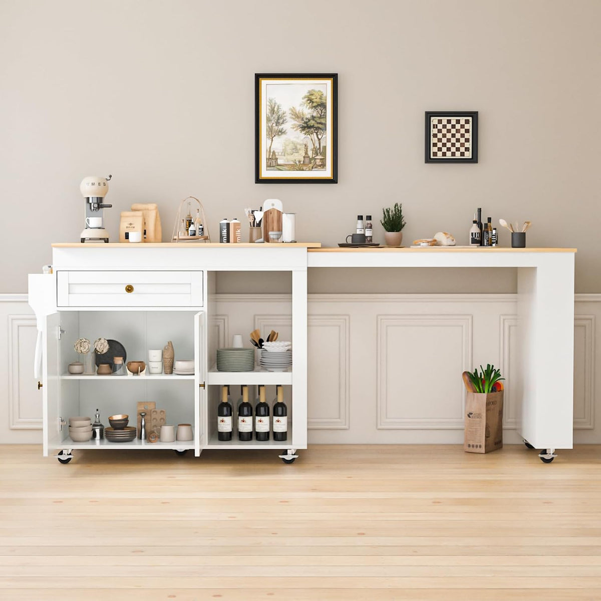 81.5" Kitchen Island with Extendable Dining Table, Rolling Kitchen Cart on Wheels with Spice Rack, Drawer and Door Cabinet for Dining Room, White