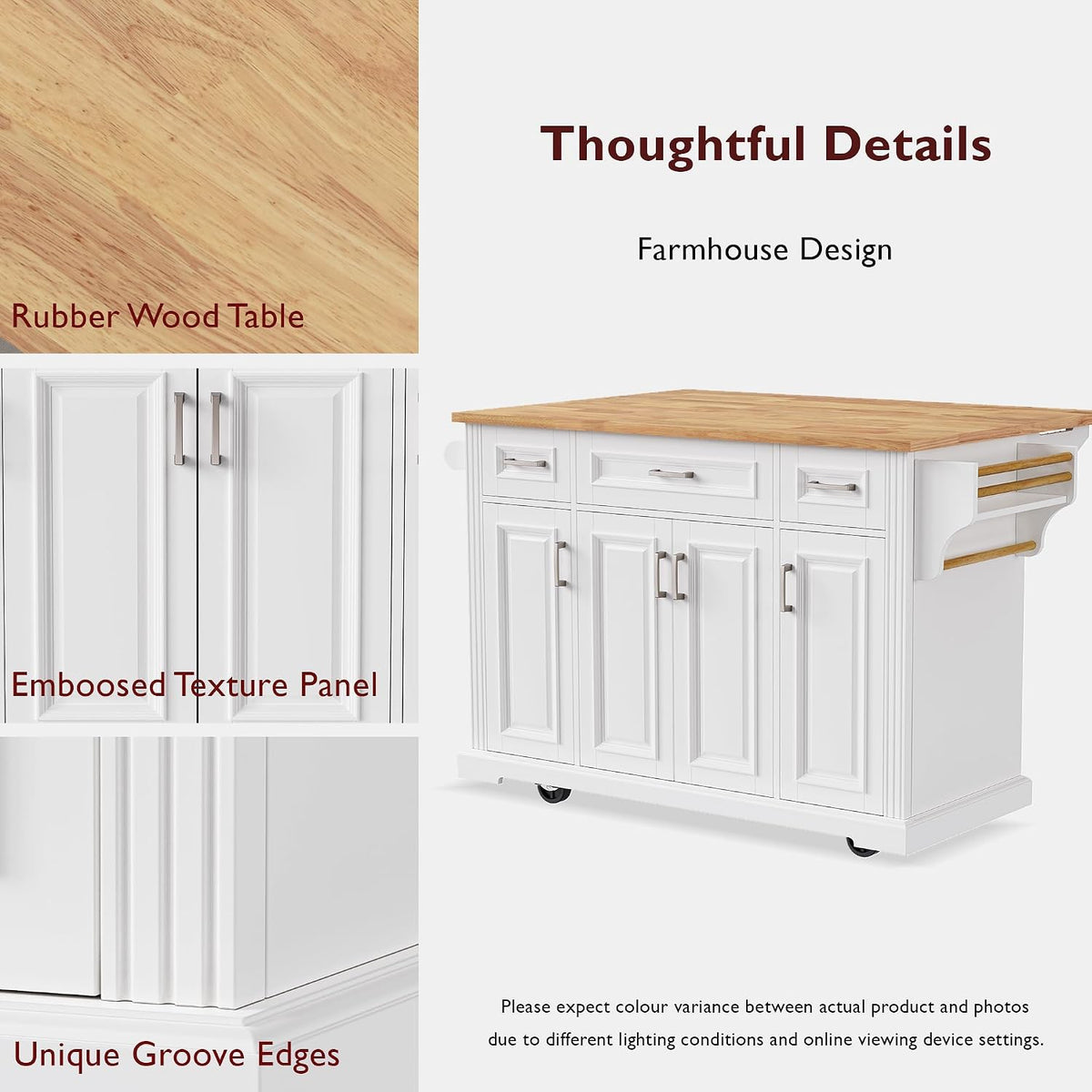 Merax 54" Large Kitchen Cart Island on Wheels with Drop Leaf,Adjustable Shelves,3 Drawers,Embossed Texture Design for Dining Room