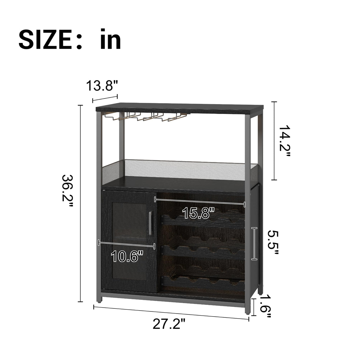 3-Tier Wine Bar Cabinet with Removable Wine Rack, Liquor Storage Cabinet with Glass Holder & Mesh Door, Coffee Bar Sideboard Buffet for Living Room or Dining Room, Gray