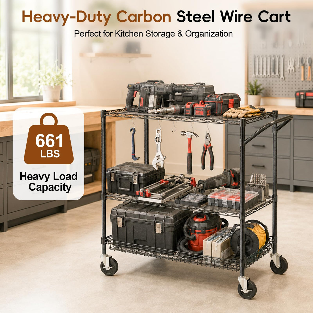 3-Tier Kitchen Storage Cart with Wheels, Rolling Utility Cart