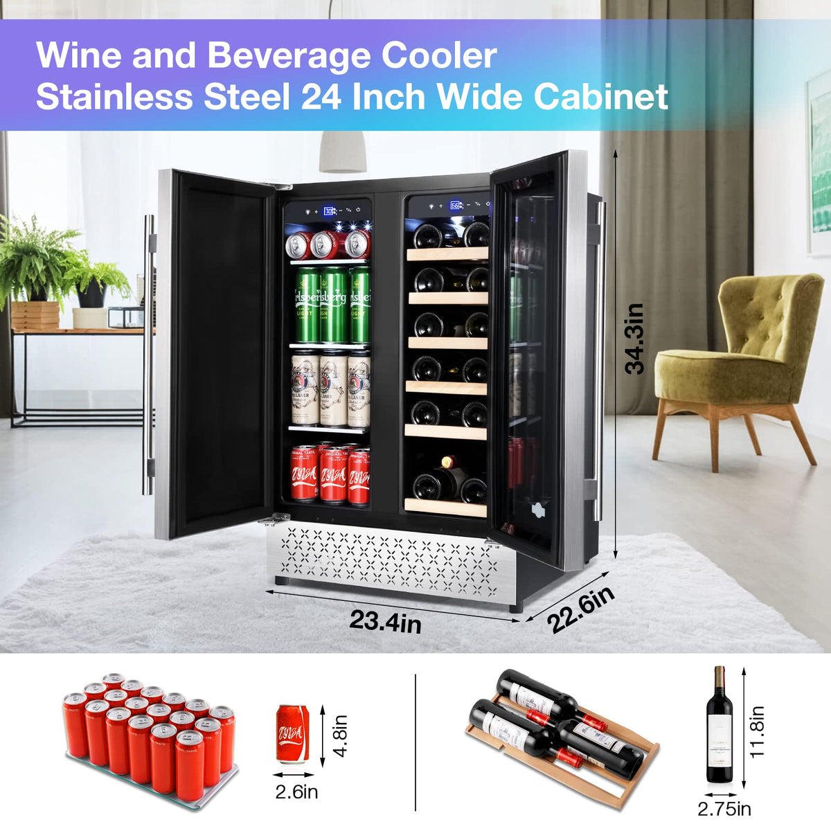 Tylza Wine Fridge 15'', 30 Bottles Wine Cooler Refrigerator, Undercounter or Freestanding, Removable Shelves, 40-65Â°F, Wine Cabinet with Double Glass Door, Wine Cooler for Home, Kitchen, Bar