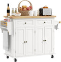 HOMCOM Kitchen Island Cart on Wheels with Solid Wood Top, 44" Cream White