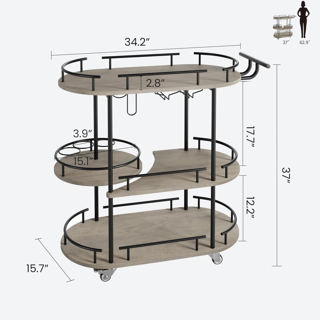 Garvee Bar Serving Cart with Wine Rack and Glass Holder, 3-Tier Rolling Serving Cart with 4 Wheels, Small Serving Table for Living Room, Kitchen, Dining Room, Gold+Black