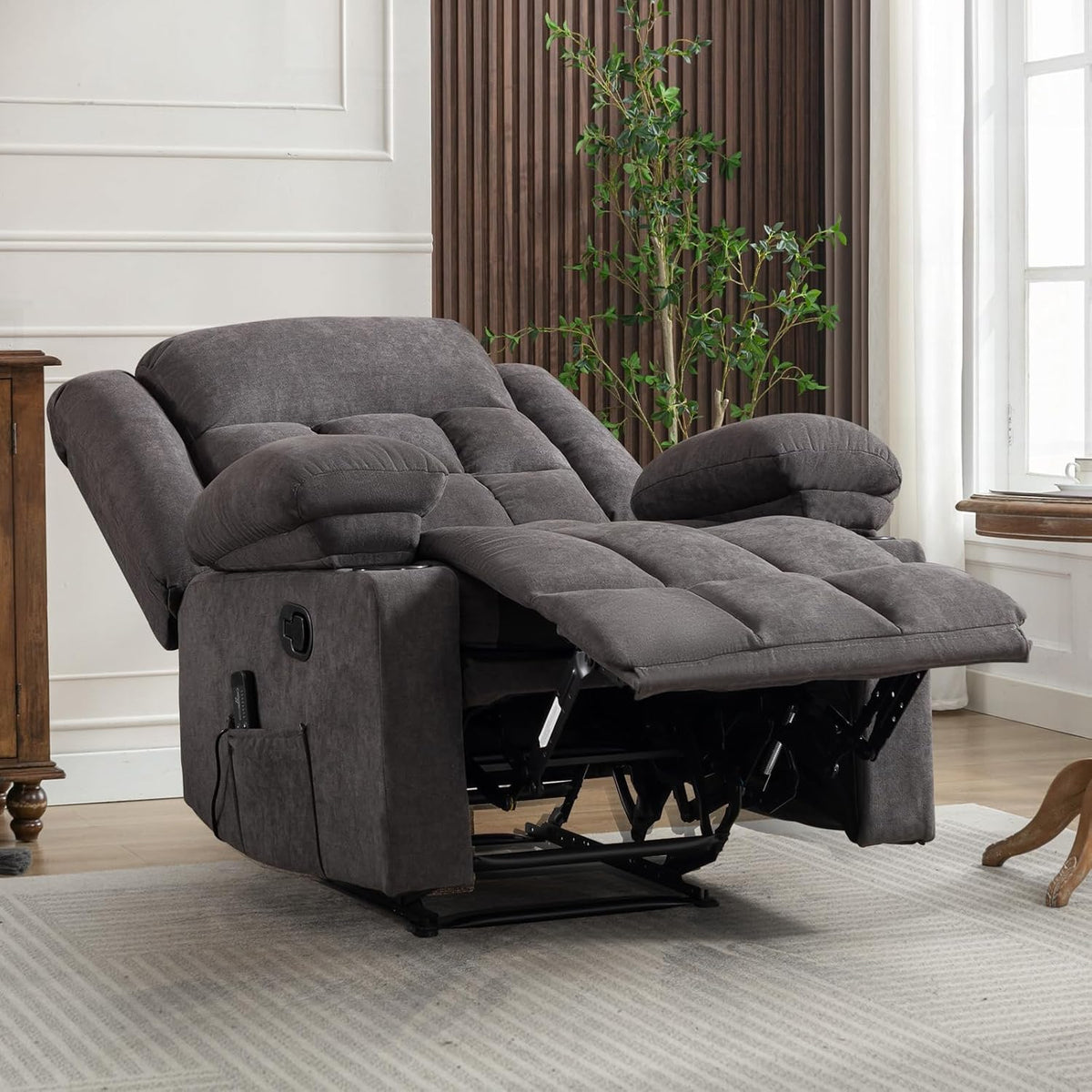 EBELLO Manual Recliner Chair for Adults with Vibration Massage and Lumbar Heating, Soft Fabric Recliner Single Sofa with Side Pocket and Two Cup Holders for Living Room, Grey