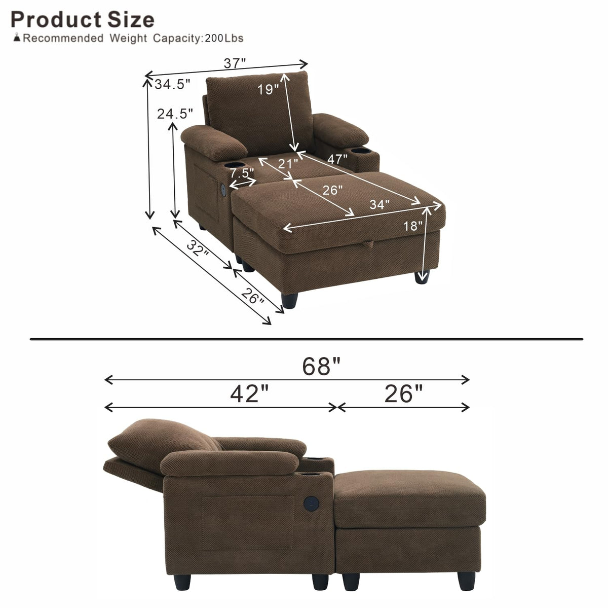 NicBex Sleeper Sofa Chair Bed with USB Port & Cup Holder &Side Table, Beige
