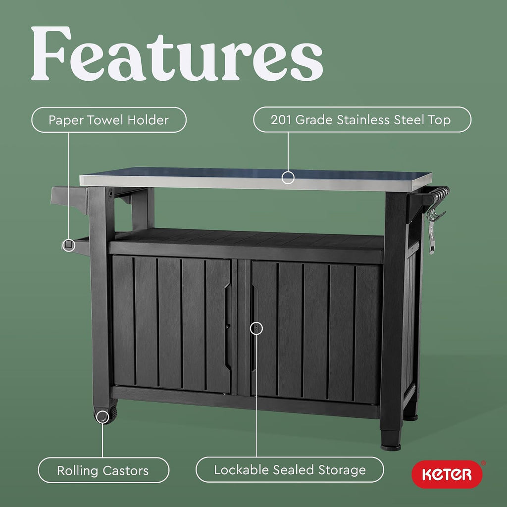 Keter Unity XL Portable Outdoor Table with Stainless Steel Top for Kitchen Prep and Outdoor Storage Cabinet for Grilling Accessories, Dark Grey