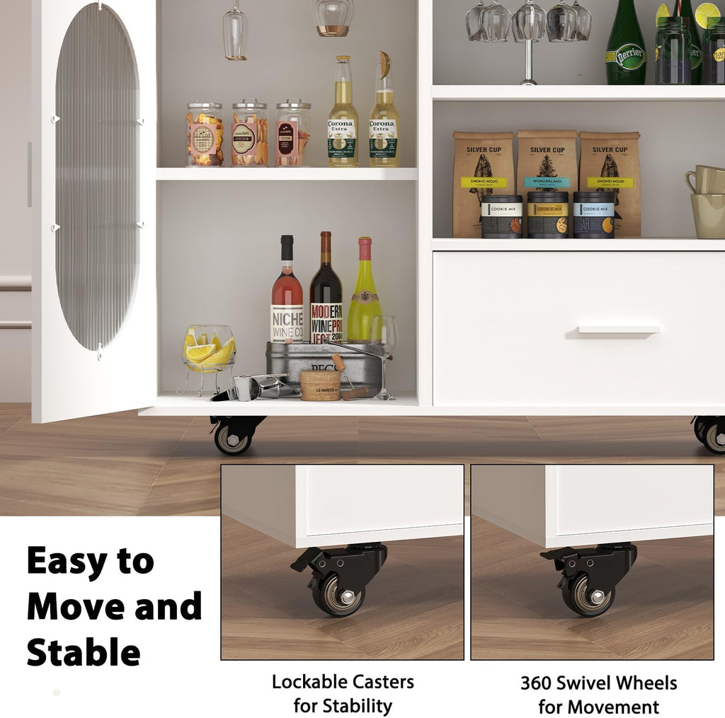 HSH 72â Rolling Kitchen Island with Seating & Storage on Wheels, White Oak