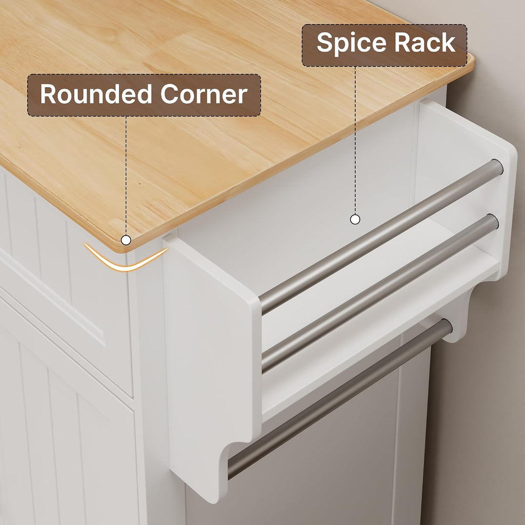 Gizoon Kitchen Island Cart with Adjustable Shelf, White, Tabletop-Oak Color