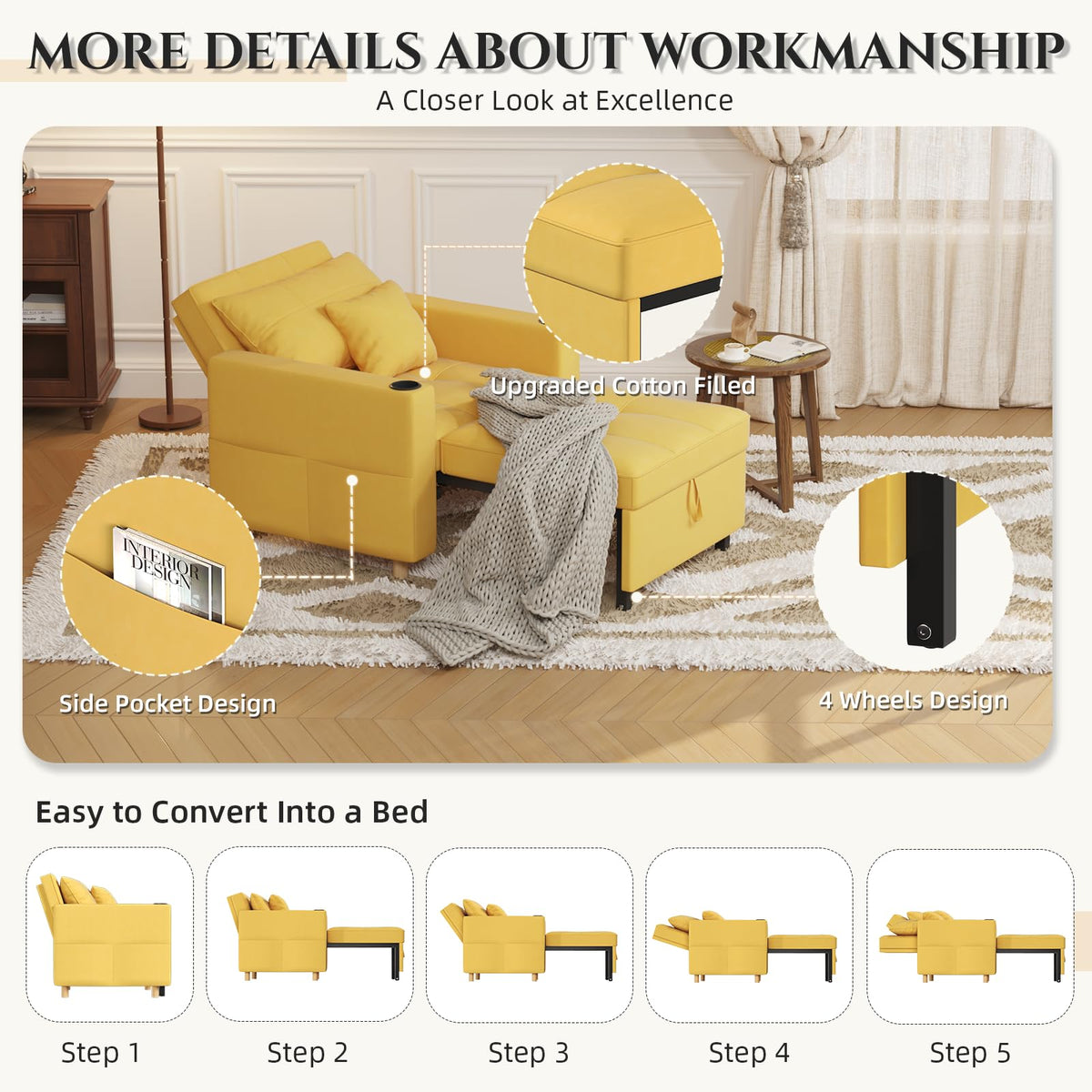 YODOLLA Sleeper Chair Pull Out Bed, Chair Bed Sleeper for Adults, Beige