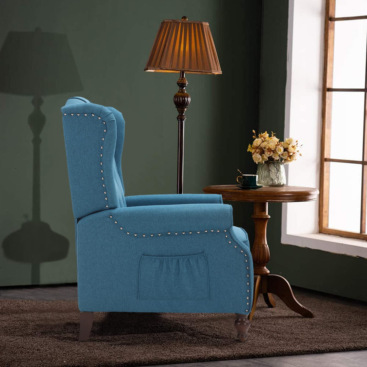 Wingback Recliner Chair - Tufted Arm Chair Recliner - Fabric Push Back Single Sofa for Living Room Adjustable Backrest (Blue Floral)