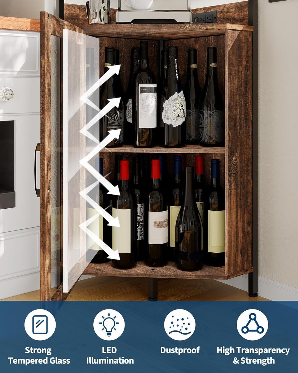 Garvee 72-Inch Industrial Corner Wine Cabinet with Built-in Power Outlet and LED Strip, Mesh Door Liquor Storage with Glass Holder, 5-Tier Bar Display Unit for Home or Small Space, Sturdy Metal Frame