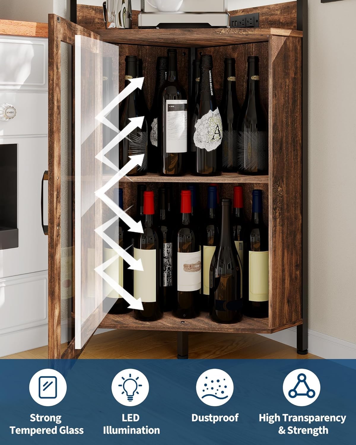 Garvee 72-Inch Industrial Corner Wine Cabinet with Built-in Power Outlet and LED Strip, Mesh Door Liquor Storage with Glass Holder, 5-Tier Bar Display Unit for Home or Small Space, Sturdy Metal Frame