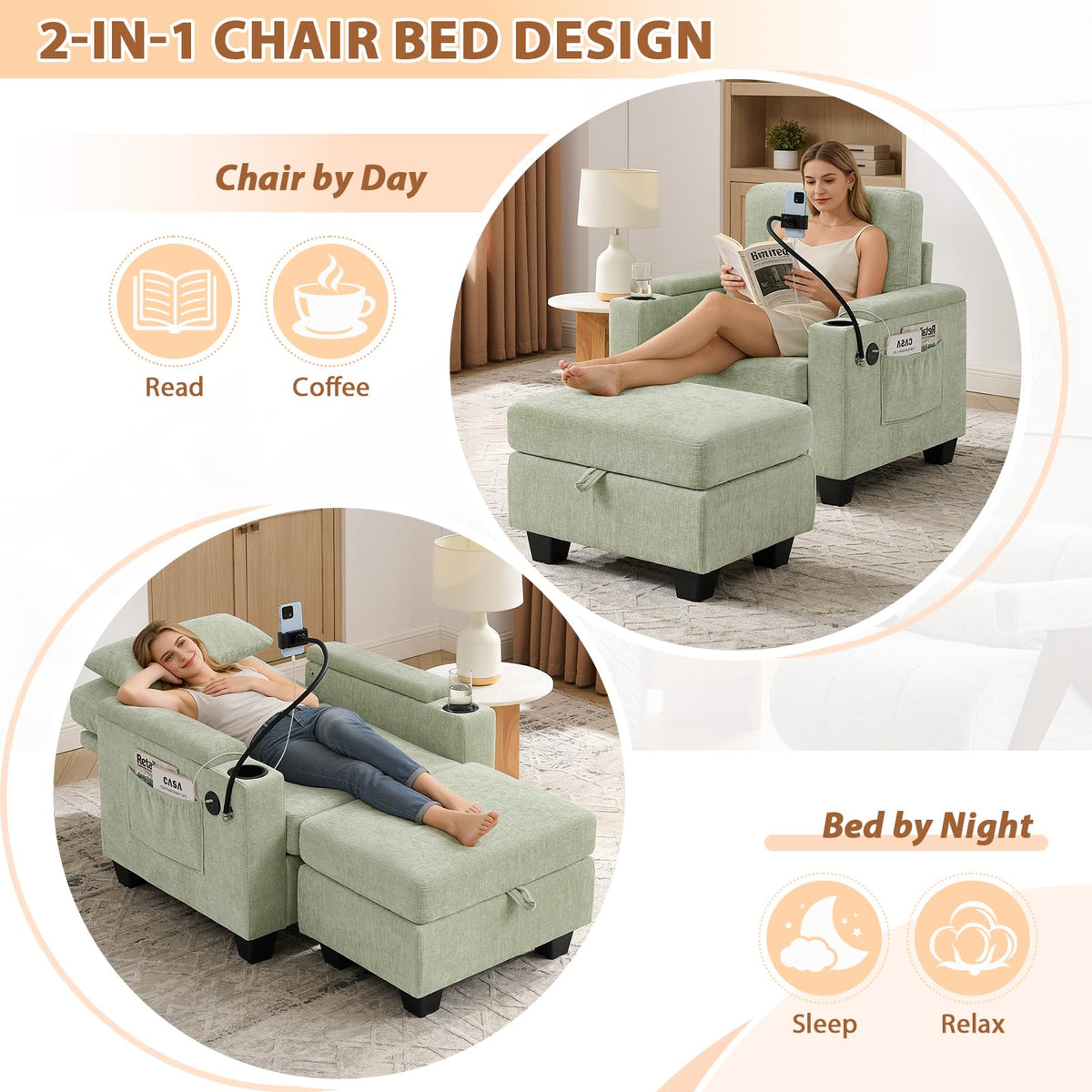 Oversized Chaise Lounge Chair Indoor, Single Convertible Recliner Reading Arm Sofa Chair W/Adjustable Backrest & Charging Port Couch Bed for Living Room, Home Theater & Bedroom, Brown