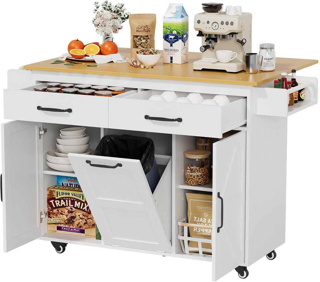 YESHOMY Kitchen Island on Wheels with Trash Cabinet, White & Brown