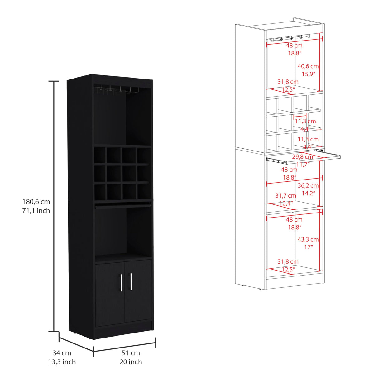 71" Modern Tall Bar Cabinet with 2 Doors Cabinet, 5-Tier Bistro Organizer with 12-Bottle Wine Rack & 12 Stemware Slots, Versatile Liquor Cabinets with Pull-Out Tray for Bar Kitchen Living Room,White