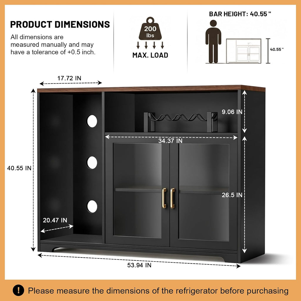 54â Coffee Bar Cabinet with Fridge Space, Smart LED Light, Black