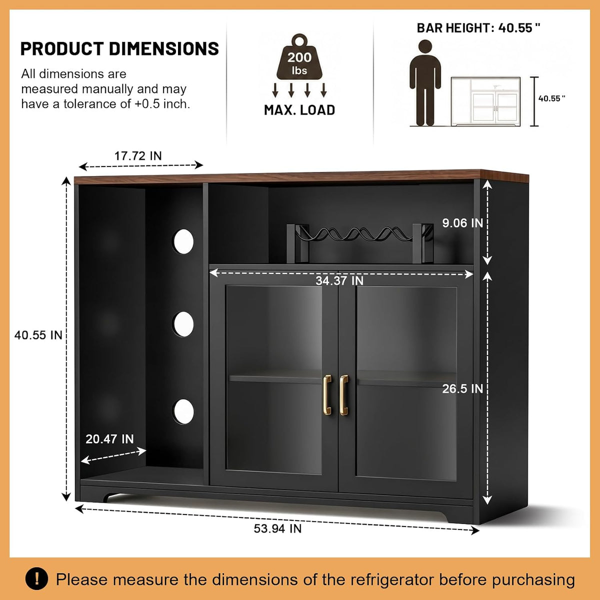 54â Coffee Bar Cabinet with Fridge Space, Smart LED Light, Black