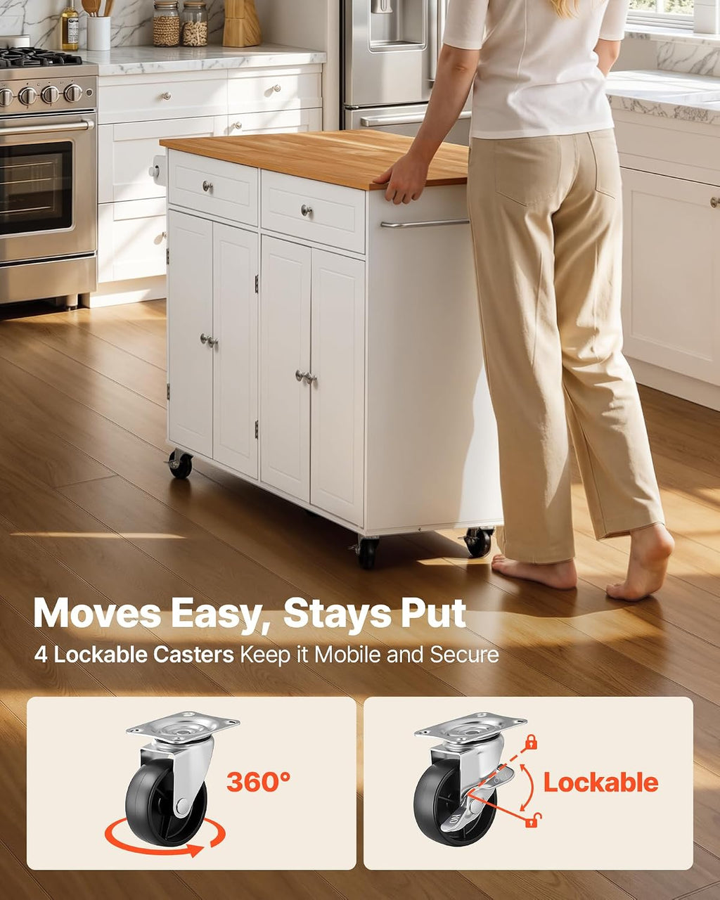 VEVOR Kitchen Island Cart with Storage, 47.64 in Wide Mobile Rolling Storage Island on Swivel Wheels, with 2 Drawers, Storage Cabinet, Drop Leaf, Towel Rack, Table for Home Dining Room, White
