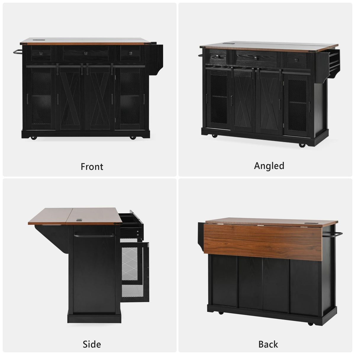53" Large Kitchen Island with Drop Leaf & Power Outlet, Rolling Kitchen Cart on 5 Wheels with Internal Door Storage Rack, 5 Open Side Racks, 3 Drawers, 2 Doors for Kitchen Dining Room