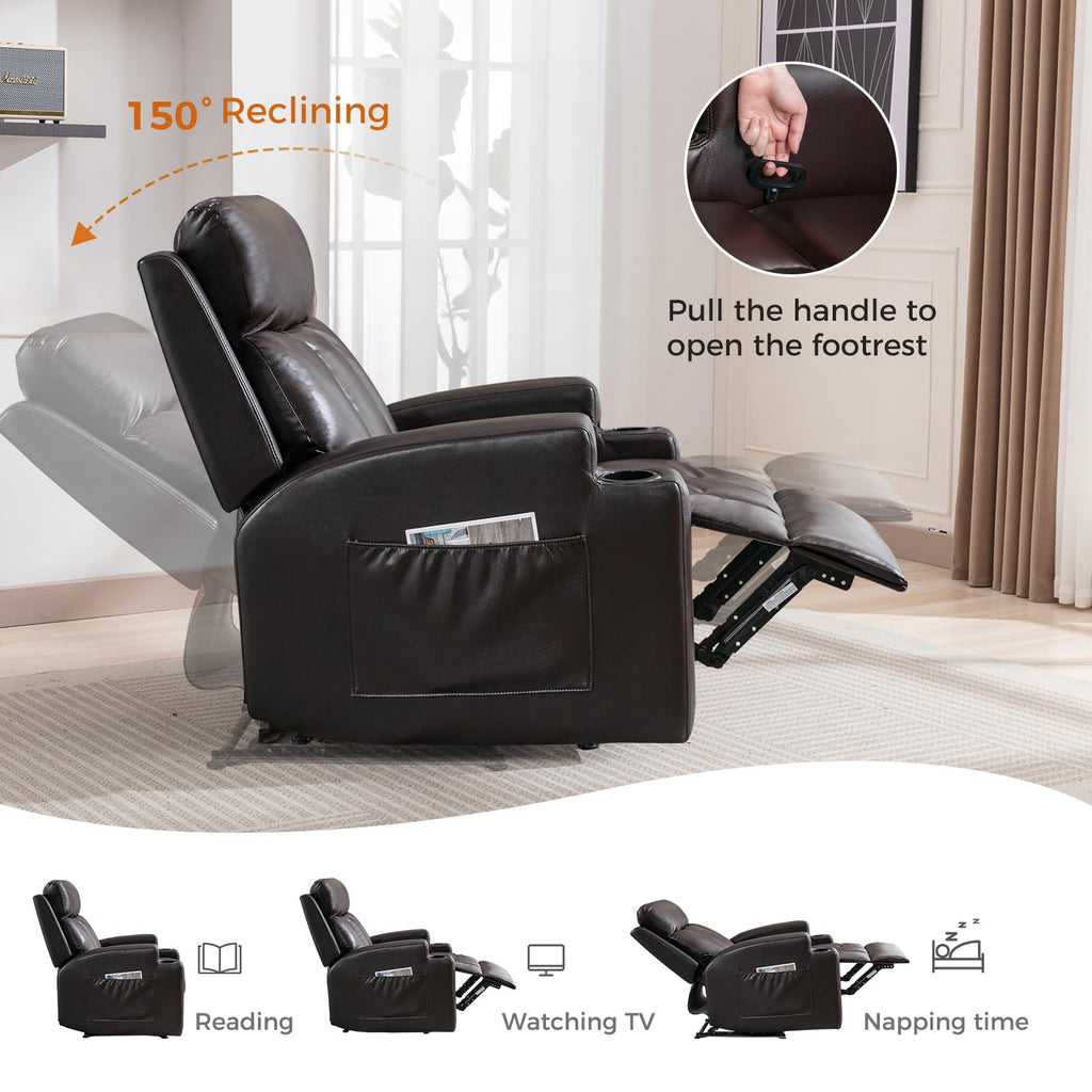 CANMOV Manual Recliner Chair with Massage and Heat, Soft Fabric Recliner Chair with Overstuffed Arm and Back, Manual Reclining Single Sofa with 2 Cup Holders, Side Pocket for Living Room, Dark Grey