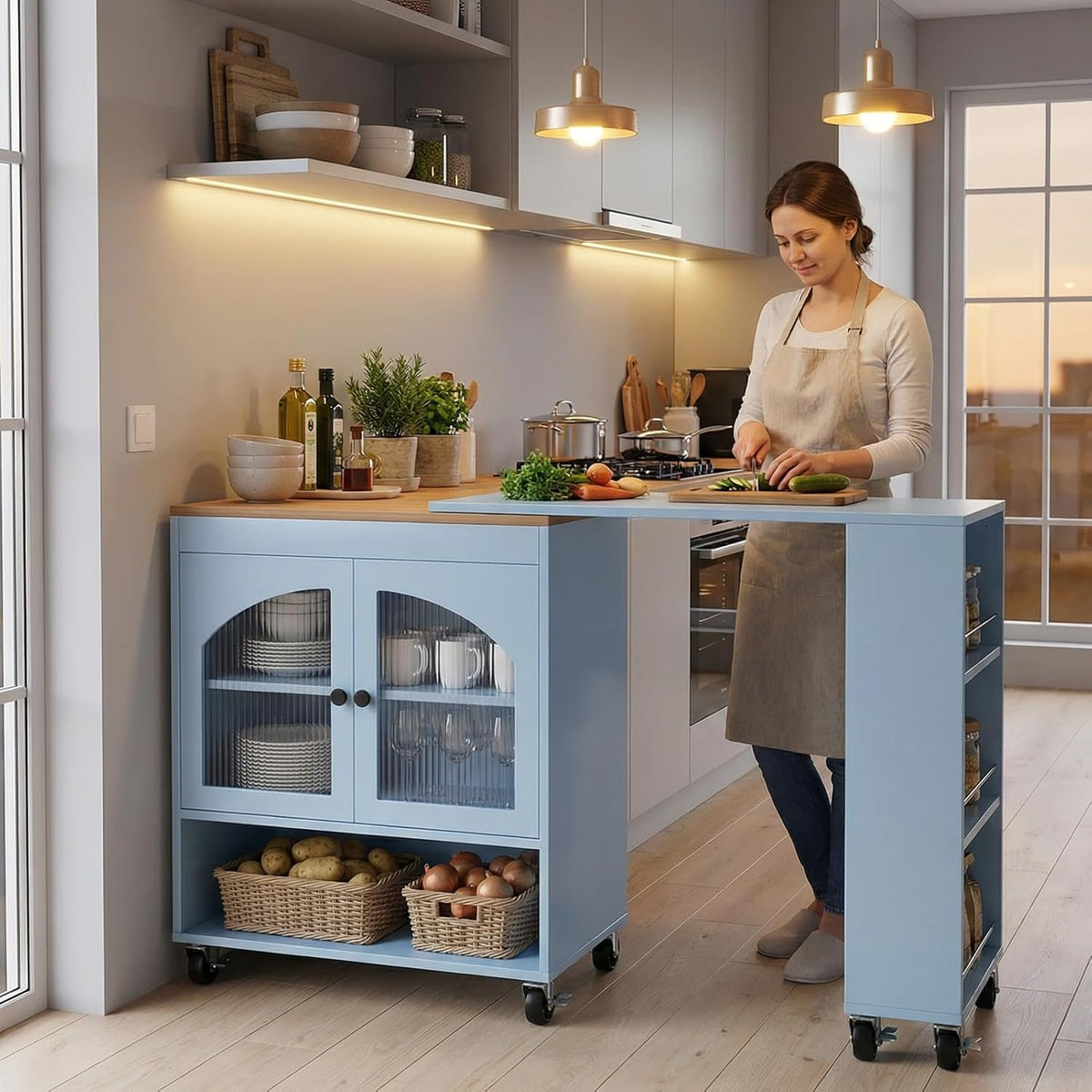 41'' Kitchen Island with Storage - Versatile Storage Cart & Rolling Island Table on Wheels for Dining Room, Kitchen Use (Blue)