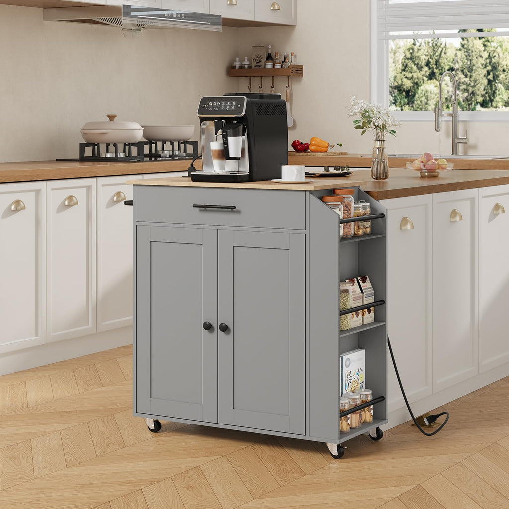 HOOBRO Kitchen Island with Power Outlet, Storage Island with Spice Rack and Drawer, Rolling Kitchen Cart on Wheels, for Home, Dining Room, Rustic Brown and Black
