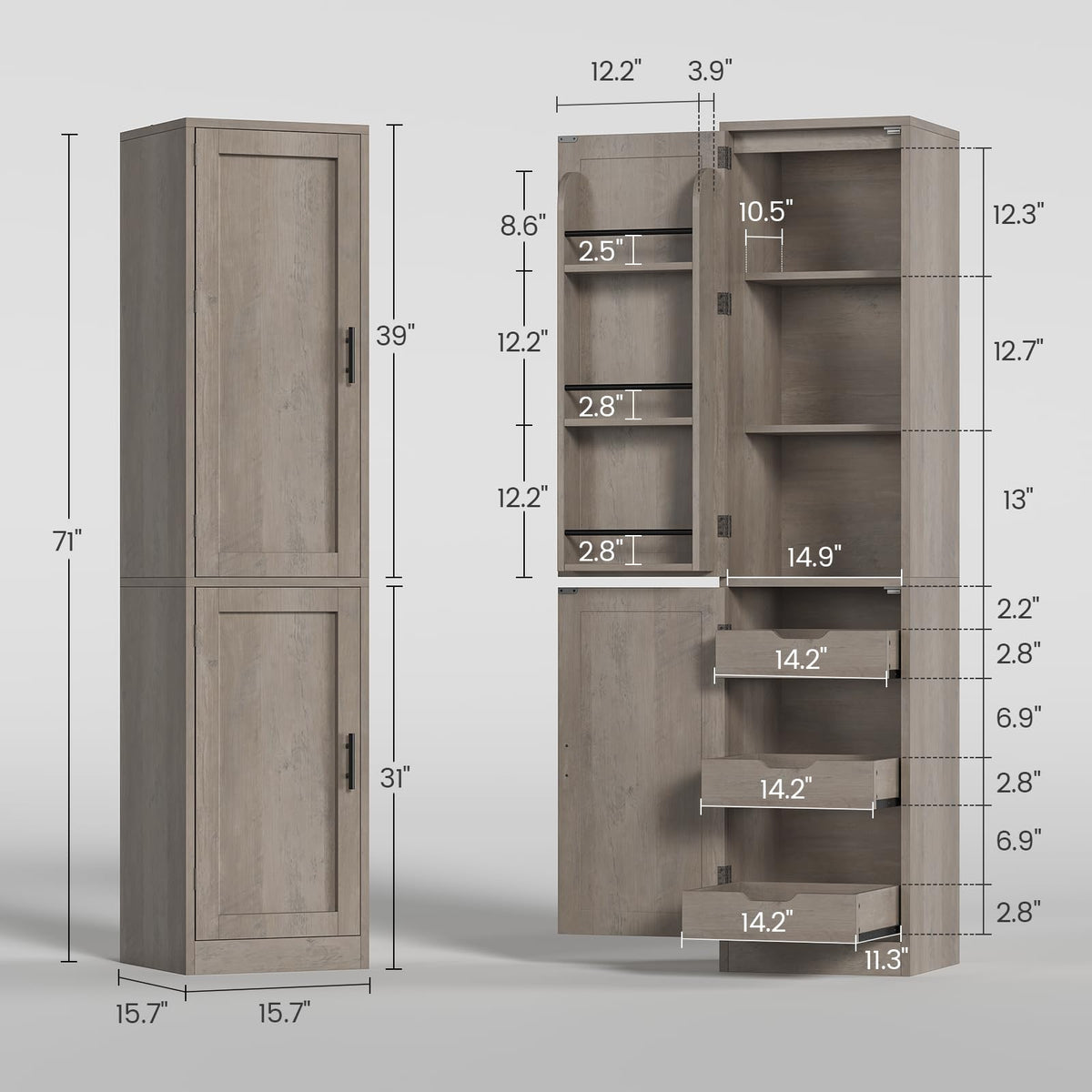 Itaar 71" Kitchen Pantry Cabinet with Charging Station and Led Light, Kitchen Storage Cabinets with Microwave Stand, 59" Wide Pantry Storage Cabinet with Storage Cart 3 Tier for Dining Room, White