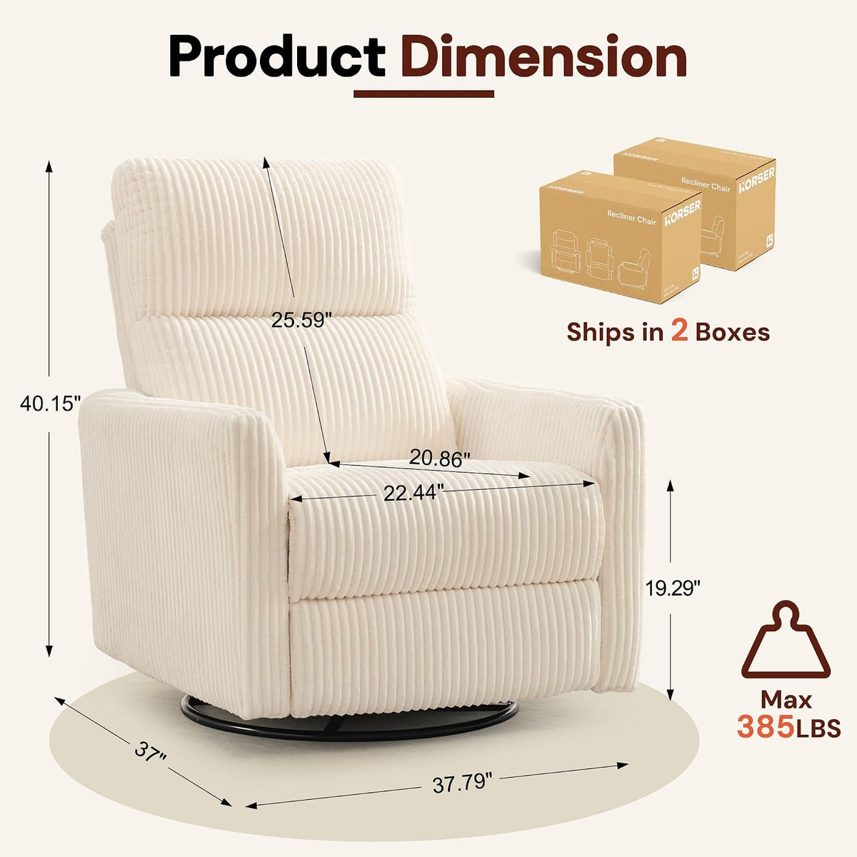 Korser 360Â° Swivel Glider Rocker Manual Recliner, High Back Corduroy Recliner with Curved Armrests, Beige Nursery Rocking Reclining Chair for Living Room Bedroom Adults