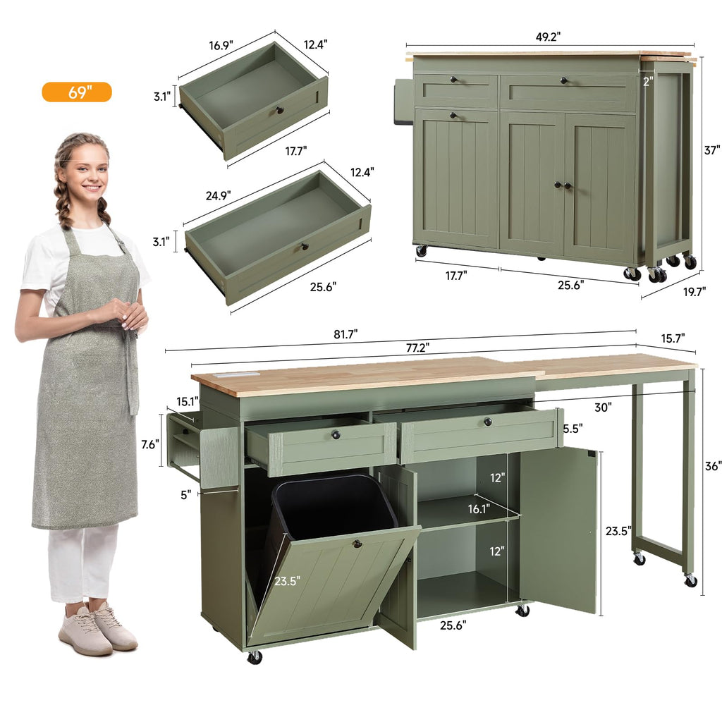 Kitchen Islands with Extendable Dining Table, Mobile Storage Islands, White