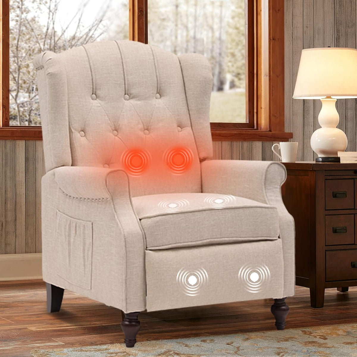 IPKIG Wingback Pushback Recliner Chair - Mid Century Recliner Armchair with Massage and Heat, Rivet Decoration, Button-Tufted Back, Solid Wood Legs for Living Room, Bedroom, Office(Beige)