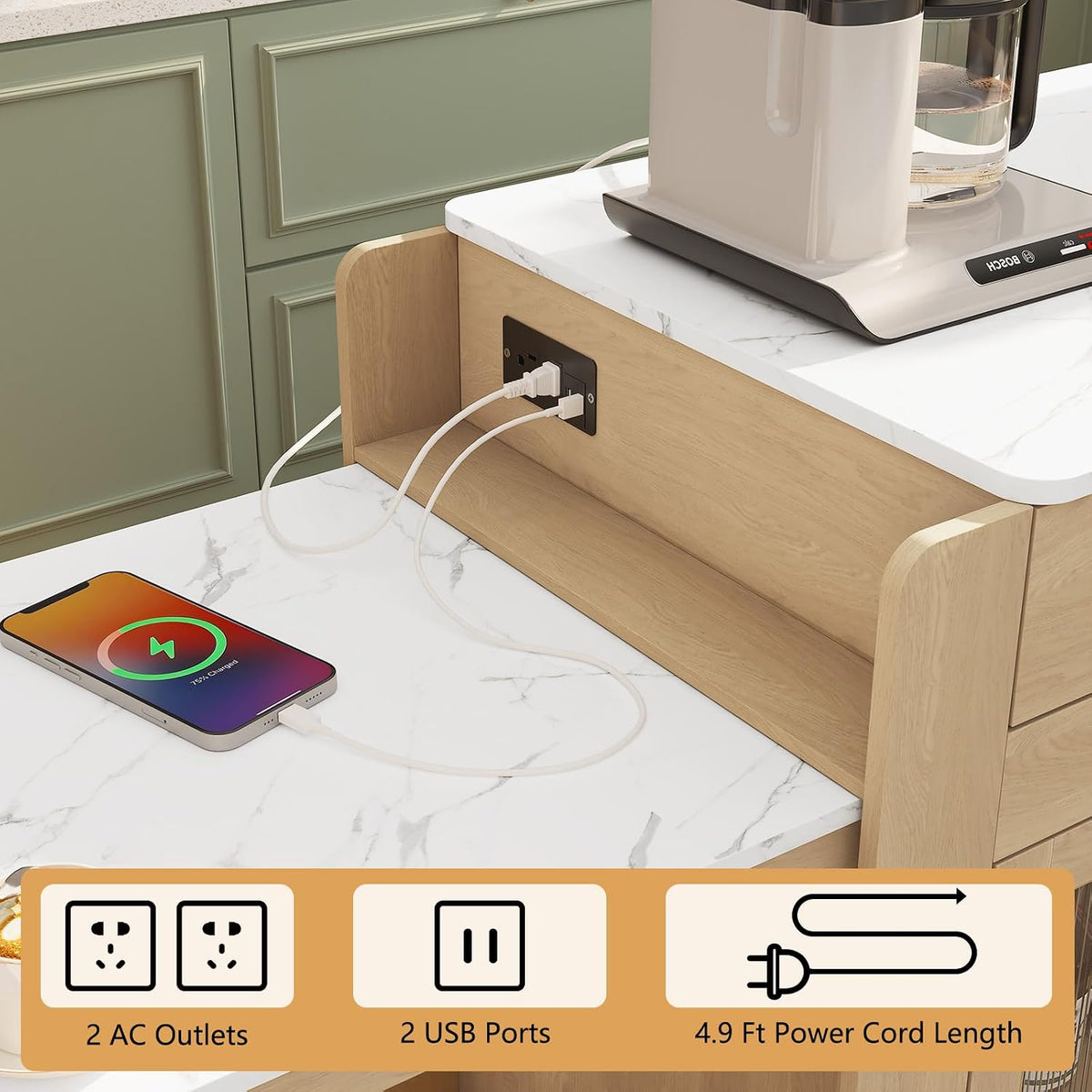 HLR 72" Extendable Rolling Kitchen Island with Storage, Island Table on Wheels with Marble Grain Countertop & Power Outlet, Portable Island Cart with Cabinets, Drawers and Shelves, Wood