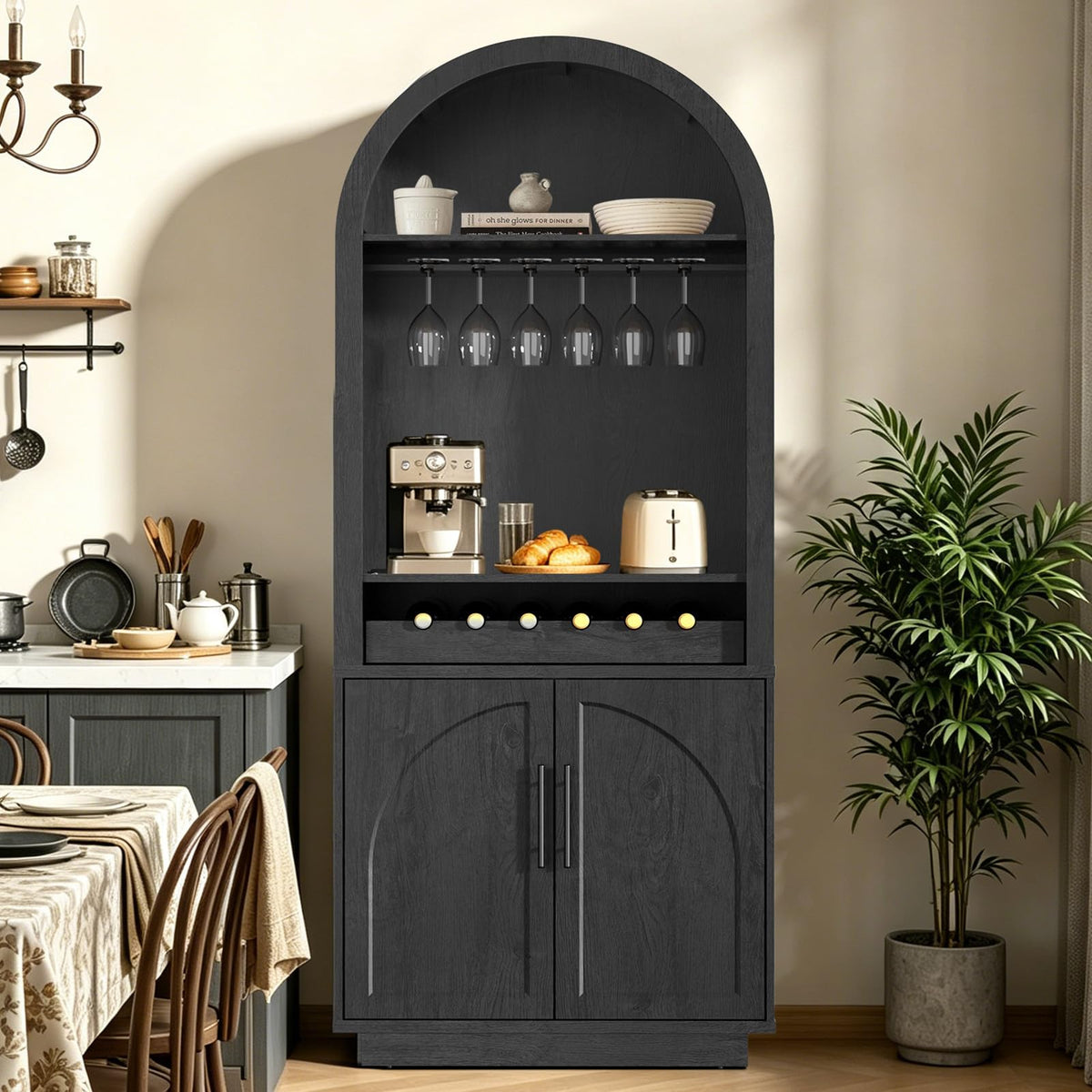 Fatmok 79" Tall Arched Pantry Cabinet with LED Light & Charging Station, Modern Coffee Bar Liquor Cabinet with Wine Rack & Glass Holder, Kitchen Storage Cabinet with Adjustable Shelves, Black Grey