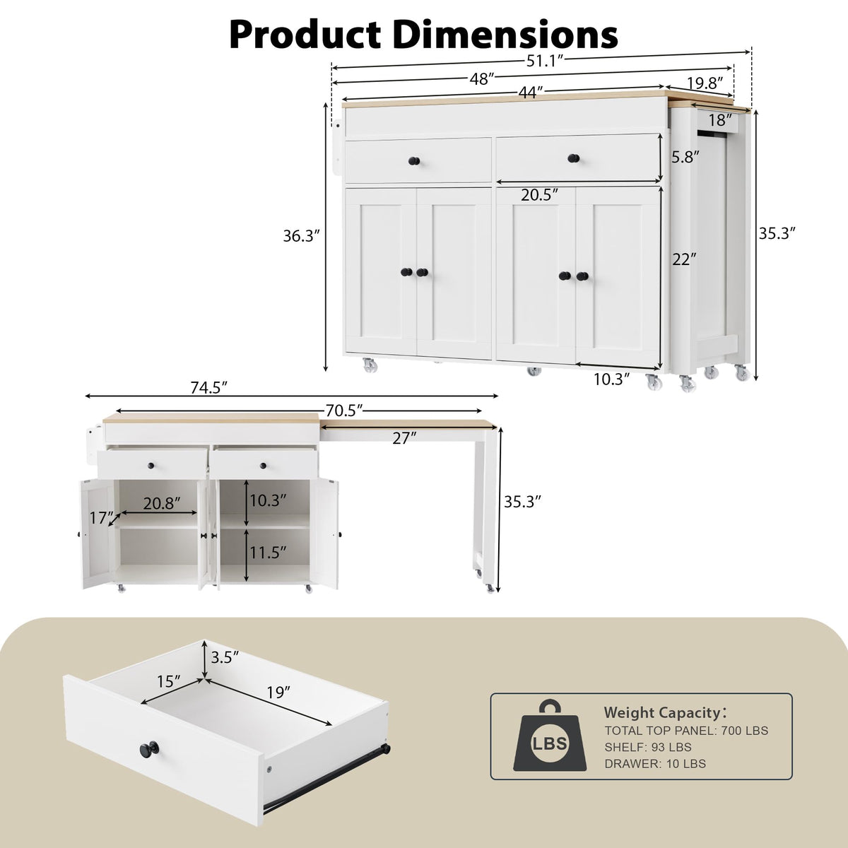 Ball & Cast Kitchen Island with Extendable Dining Table and Power Outlet,82.7" Rolling Kitchen Cart W/ 2 Drawers & 2 Side Open Shelves,Kitchen Table W/Double-Sized Storage,for Dining Room,White