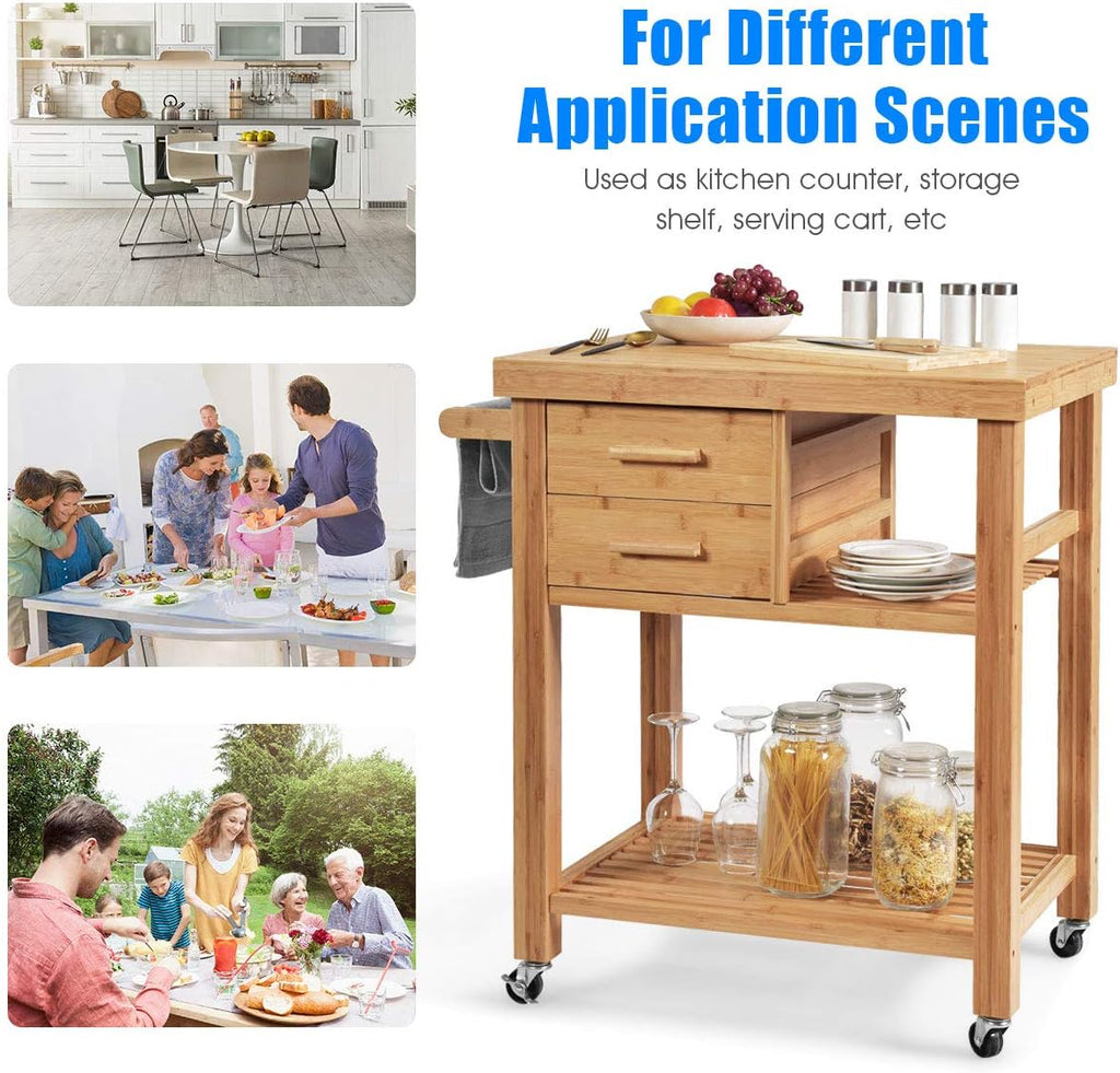 GIANTEX Kitchen Island, Bamboo Island Cart, Kitchen Trolley Cart on Wheels, Rolling Kitchen Cart, 2 Drawers, Towel Rack, Casters with Lock (Natural)