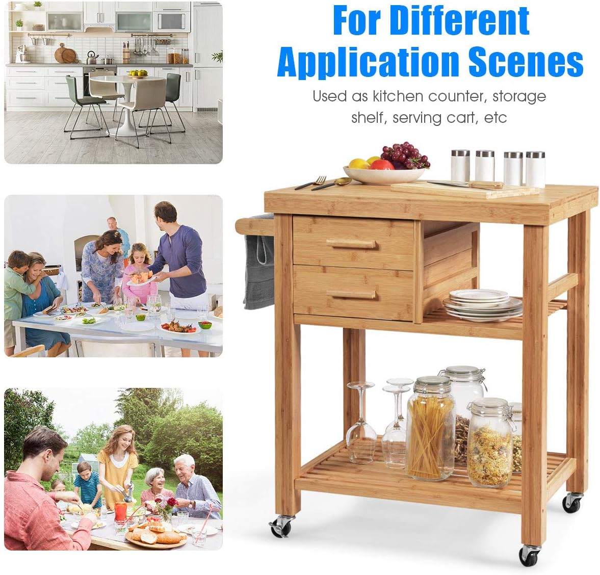 GIANTEX Kitchen Island, Bamboo Island Cart, Kitchen Trolley Cart on Wheels, Rolling Kitchen Cart, 2 Drawers, Towel Rack, Casters with Lock (Natural)