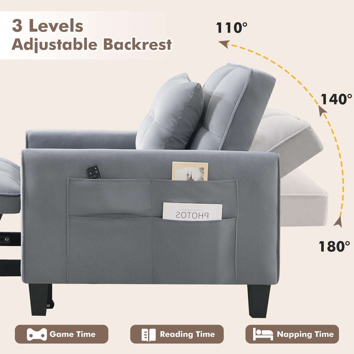 Convertible Sleeper Chair, 3 in 1 Sleeper Chair Bed Pull Out Sofa Bed Chairs, Single Sofa with Adjustable Backrest for Adults Reading Living Room, Bedroom, Black