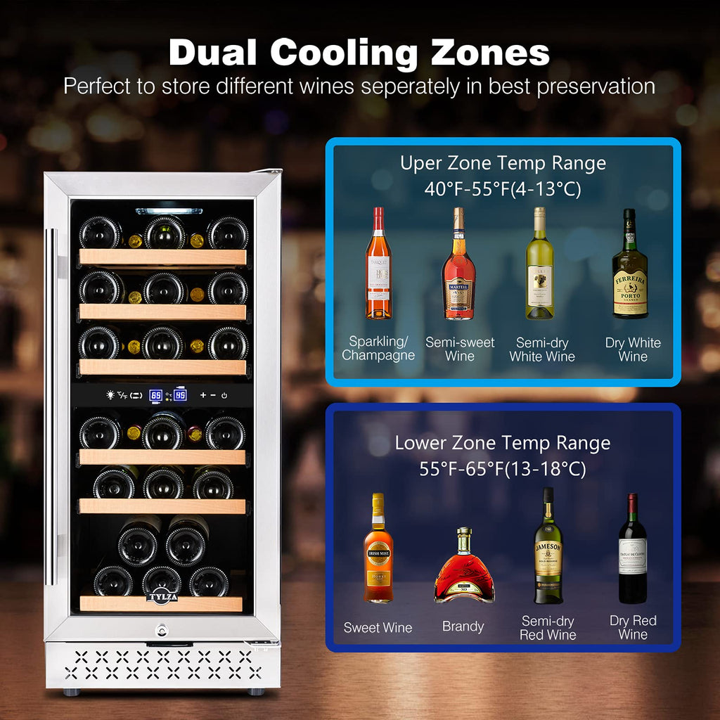 Tylza Wine Fridge 15'', 30 Bottles Wine Cooler Refrigerator, Undercounter or Freestanding, Removable Shelves, 40-65Â°F, Wine Cabinet with Double Glass Door, Wine Cooler for Home, Kitchen, Bar