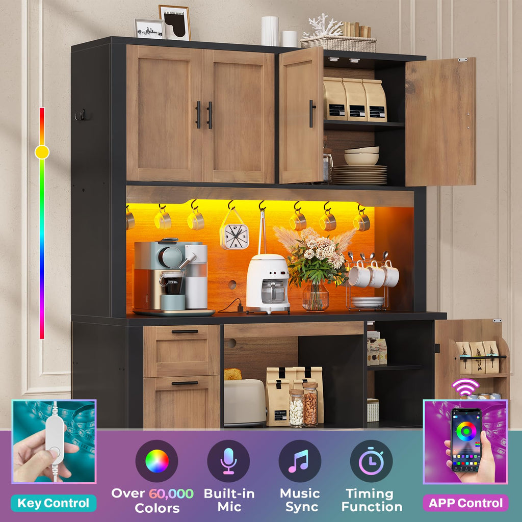 Itaar 71" Kitchen Pantry Cabinet with Charging Station and Led Light, Kitchen Storage Cabinets with Microwave Stand, 59" Wide Pantry Storage Cabinet with Storage Cart 3 Tier for Dining Room, White