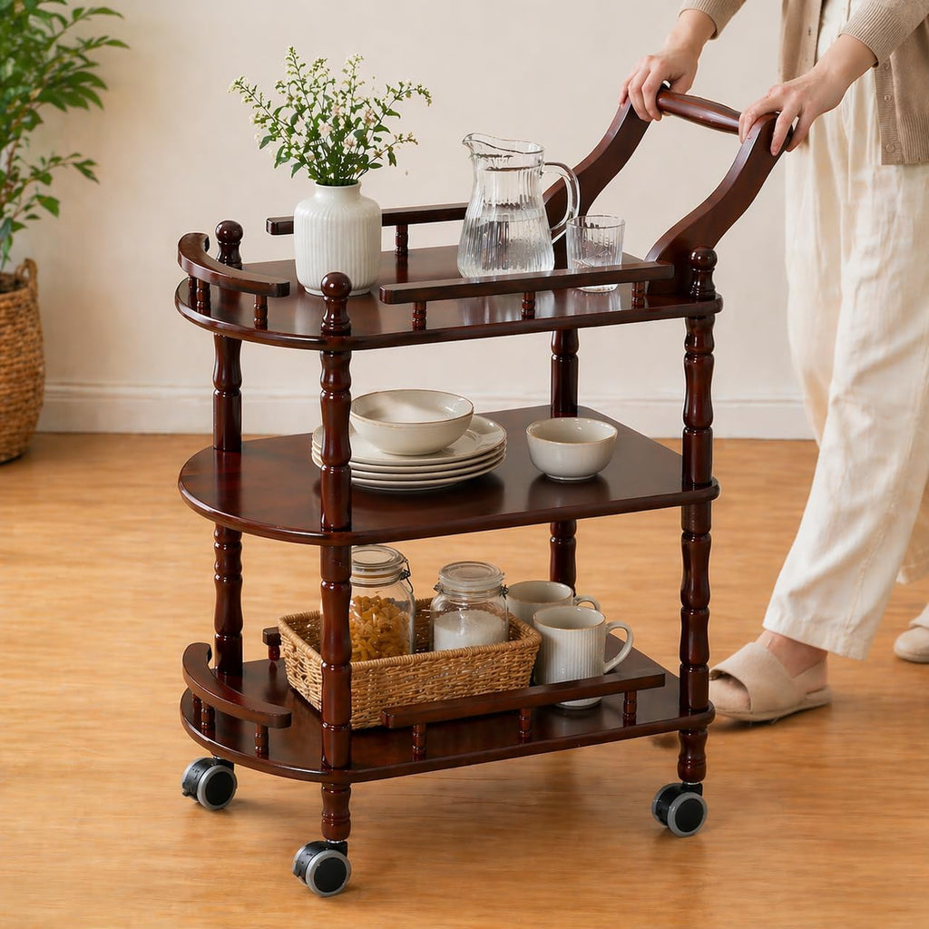 Entertainment Kitchen Cart, Midcentury Modern Imported rubberwood Brown Finished Wood 3-Tier Mobile Bar Cart Serving Cart