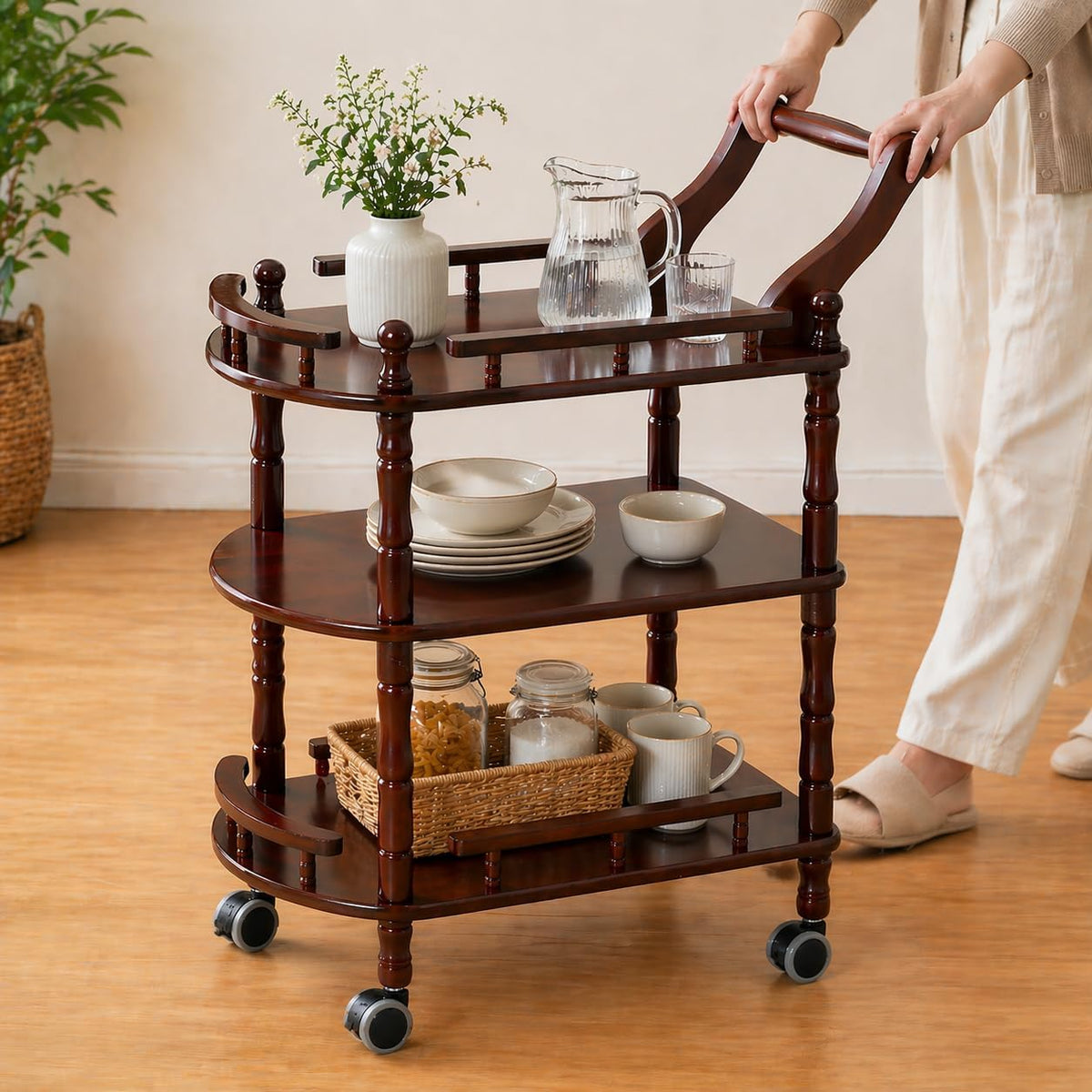Entertainment Kitchen Cart, Midcentury Modern Imported rubberwood Brown Finished Wood 3-Tier Mobile Bar Cart Serving Cart