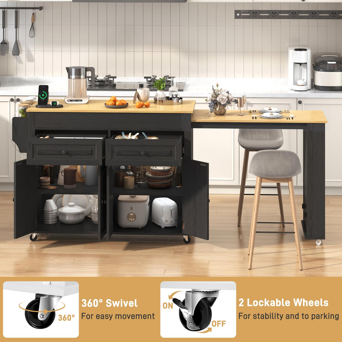 80"-48" Extendable Kitchen Island with Extended Dining Table and Power Outlet,Large Mobile Kitchen Storage Islands with 2 Storage Drawers,Rolling Islands Cart with 3 Extra Rows Open Shelves(Brown)