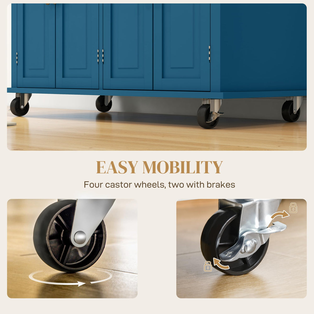 HOMCOM Kitchen Island Cart on Wheels with Solid Wood Top, 44" Cream White