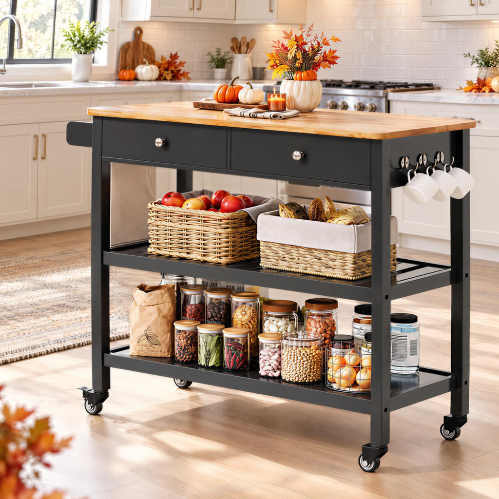 Gizoon Kitchen Island Cart with Storage and 40ââ Wooden Top, Black