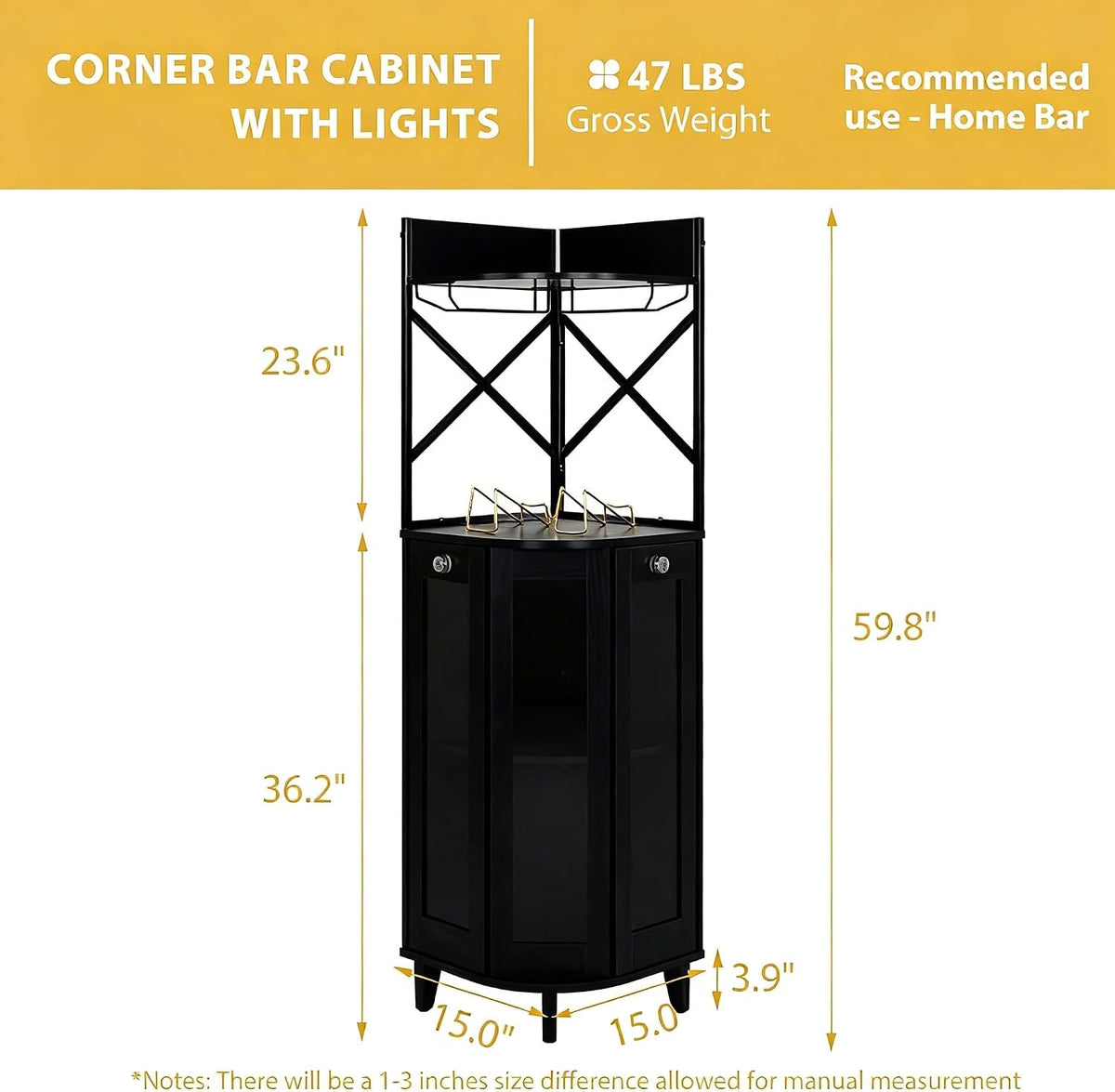 COCO DESIGN All Black Corner Wine Cabinet, Lockable Glass Door with Light
